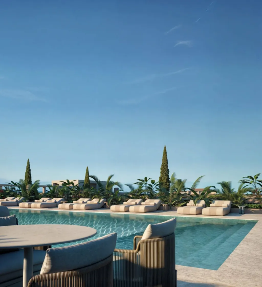 The complex pool — evening view